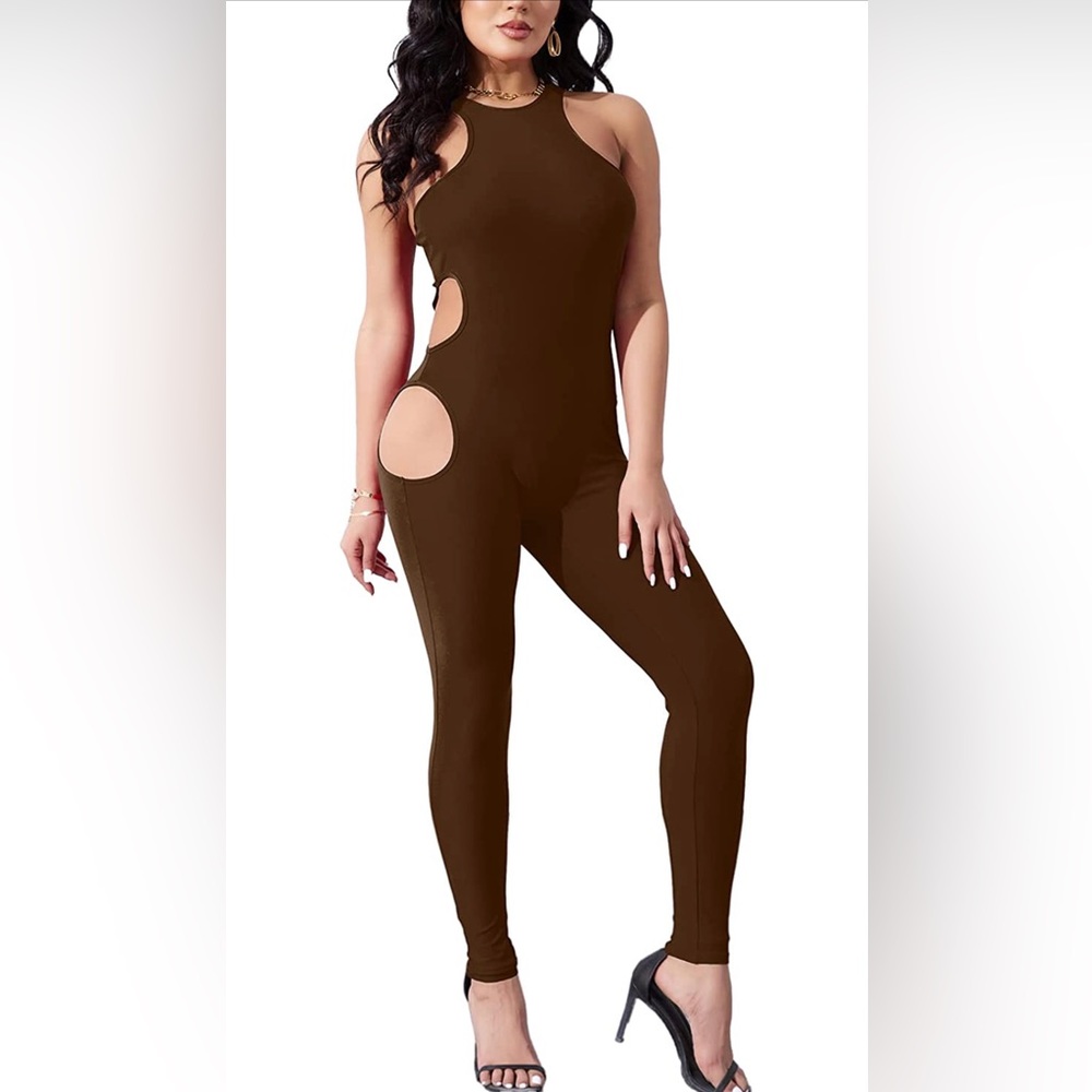 Ekaliy Bodycon Bodysuit Women Halter Top Jumpsuit Cutout One Piece S Brown